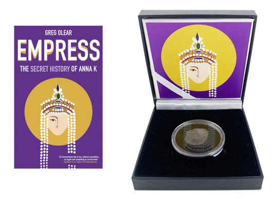 EMPRESS: Signed copy of the book by Greg Olear, plus genuine Byzantine "cup coin" in black box.