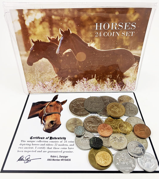 Set of 22 modern and 2 ancient coins  depicting horses and riders.
